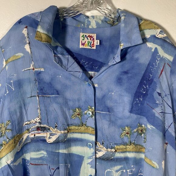 Vintage Jams World Catamaran Hawaiian Button Up Shirt Blue Womens Sz XL Tropical - Picture 6 of 11